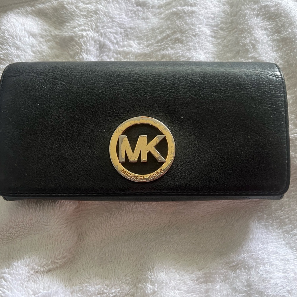 Michael Kors Black Leather Wallet with Gold MK Emblem
